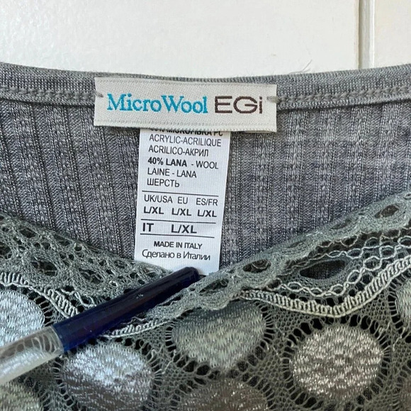 Microwool EGI Wool Blend Made in Italy Grey  Lace Detail Short Sleeve Top Y2K - Picture 6 of 8